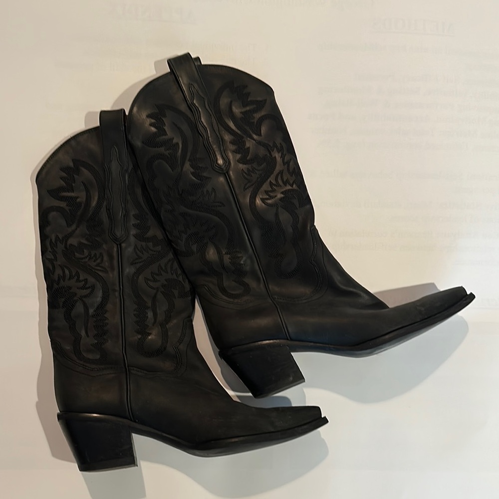 Black Heeled Leather Boots with Decorative Stitching